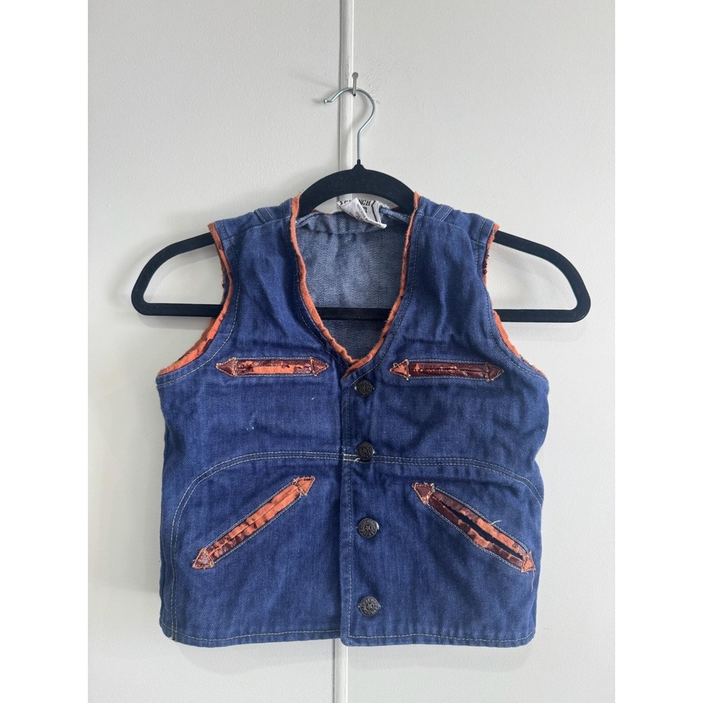 French Toast Vest Kids‎ 12 Blue Denim Button Front Pockets Orange Trim Buckle